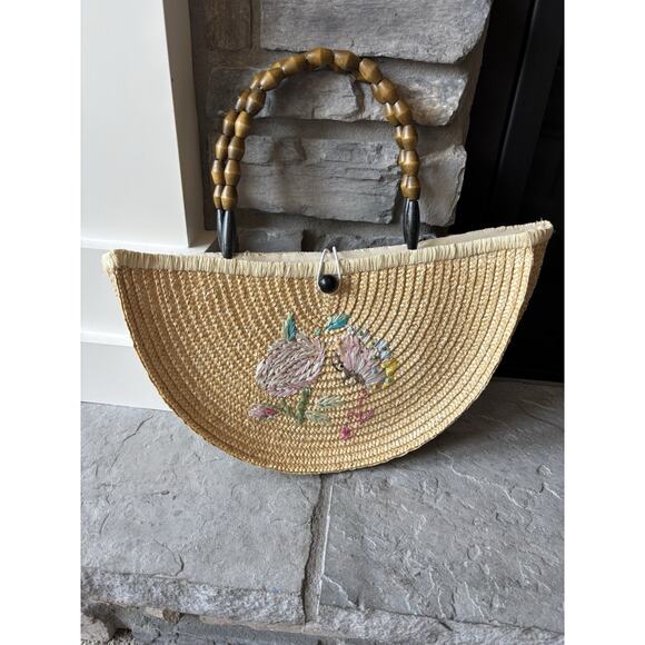 Unbranded Handbags - Boho Half Moon Bag Straw Embroidered Floral Prairie Feminine Wooden Handle